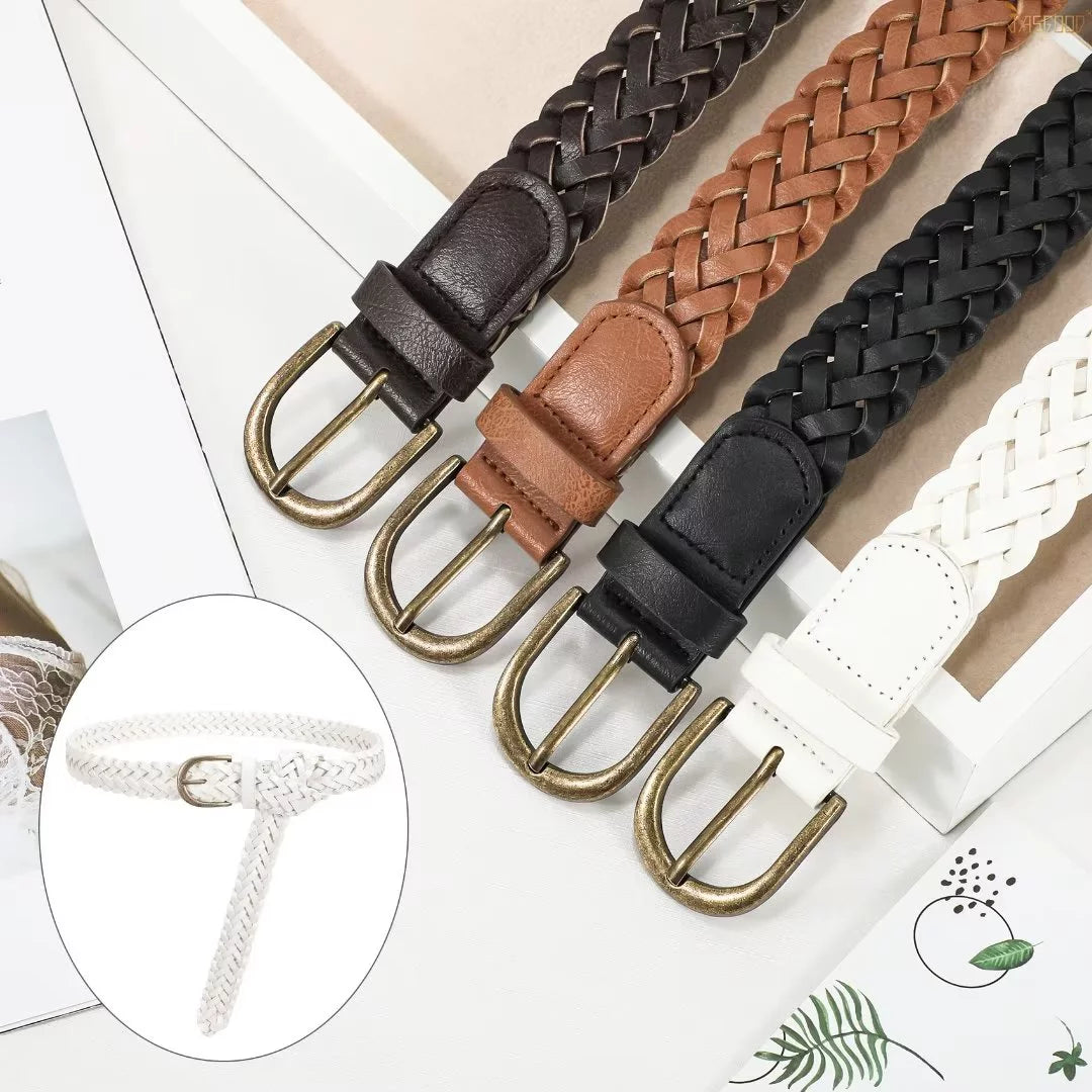 Set of 4  Women Skinny Braided Leather Belts Thin Belt for Ladies Dresses Pants