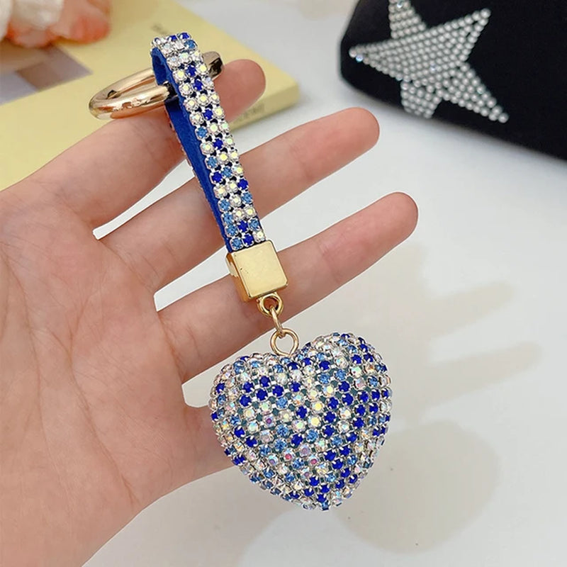 Light Luxury Multi-Color Love Heart Keychain Full Rhinestone Alloy Key Rings Women Handbag Pendant Creative Key Chains Gift