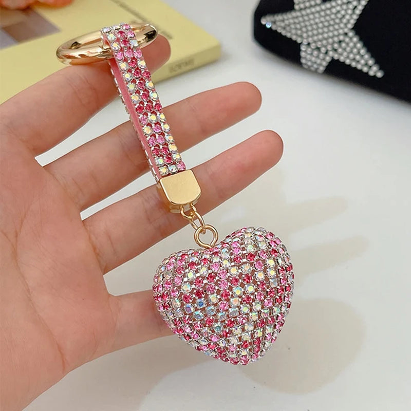 Light Luxury Multi-Color Love Heart Keychain Full Rhinestone Alloy Key Rings Women Handbag Pendant Creative Key Chains Gift