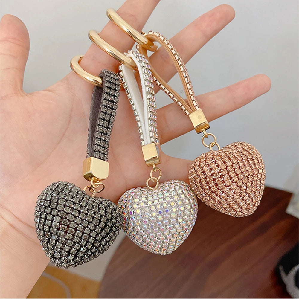 Light Luxury Multi-Color Love Heart Keychain Full Rhinestone Alloy Key Rings Women Handbag Pendant Creative Key Chains Gift