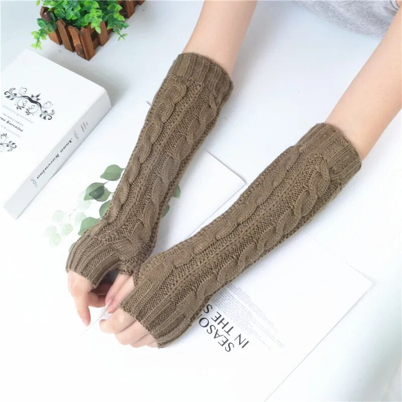 Women'S Long Fingerless Gloves Winter Punk Warm Oversleeves Knitted Half Finger Twist Arm Sleeve Mitten Keep Warm Arm Warmer