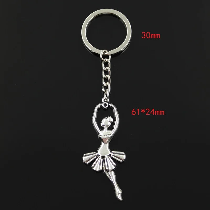 Fashion 30Mm Key Ring Metal Key Chain Keychain Jewelry Antique Bronze Silver Color Ballet Dancer Ballerina 61X24Mm Pendant